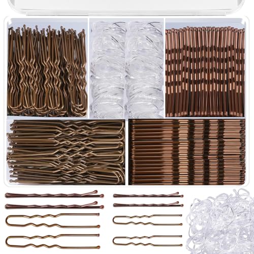 500PCS Bobby Pins Brown Hair Pins U Shaped Hair Pins and Hair Rubber Bands for Women & Girls with Storage Box, 2inch, 2.36inch