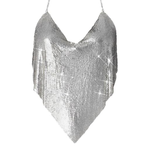 Womens Sexy Sparkly Chain Top Metallic Sequin Rhinestone Halter Backless Crop Outfit Party Club Tank Shirt (Sliver V)
