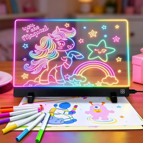Smocraut LED Drawing Board 30x20cm Light Up Drawing Pad Magic Doodle Pad with Adjustable Brightness Dry Erase LED Message Note Board with Stand Glow Art Writing Tablet Gifts with 14 Markers