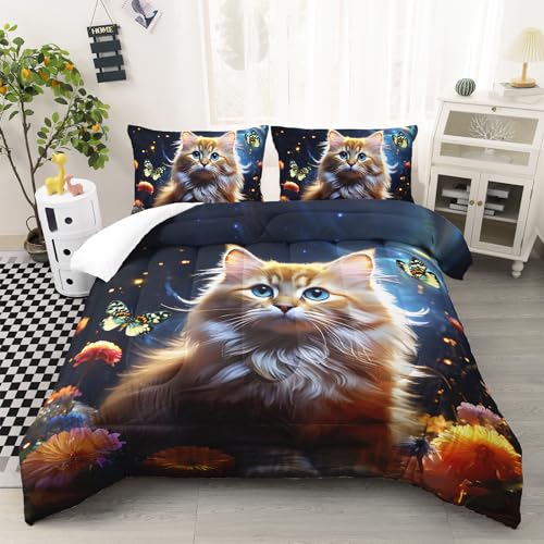 Ntlfup Kawaii Cat Comforter Set Twin Size, 3D Animals Flowers Bedding Set, Cat Lovers Quilt Bed Set for Girls Kids Teens