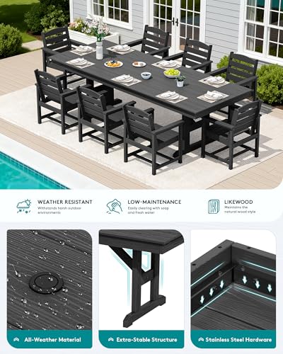 Image of SERWALL 9 Piece 84 inch HDPE Outdoor Dining Set for 8 with Armchairs and Umbrella Hole, Black