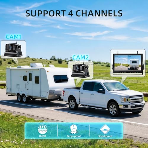Image of eRapta Magnetic Wireless Backup Camera Kit with HD1080P 10 inch DVR Monitor, Dual RV /Trailer /Truck /Tractor Cameras Wireless System, No Wiring, 9600mAh Rechargeable Battery, IR Night Vision-ACT1002