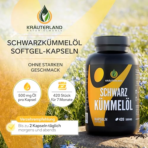 Kräuterland Schwarzkümmelöl Kapseln 420 Stück, hochdosiert (1000mg pro Tagesdosis), 100% Nigella Sativa, Omega Fettsäuren, ohne Zusatzstoffe, hoher Thymochinon, Deutsche Premium Qualität