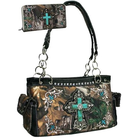 Western Rhinestone Studs Cross Handbag Purse With Matching Wallet - CAMO Cover