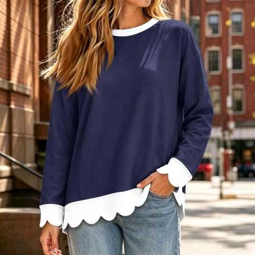 Fall Oversized Sweatshirt for Women Cotton Scalloped Hem Trendy Cozy Tops - image 4