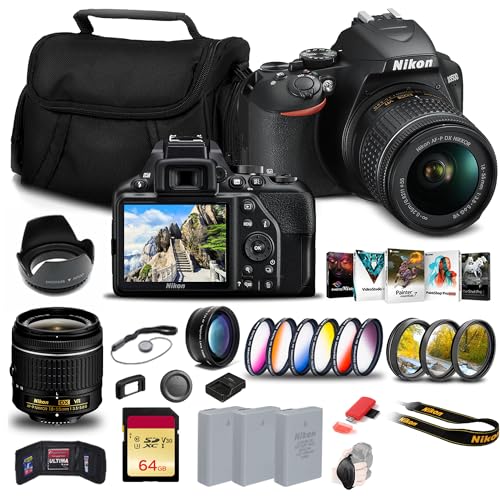 Nikon D3500 DSLR Camera with 18-55mm Lens (1590) + 64GB Card + 2 x EN-EL14a Battery + Photo Software + Case + 3 Piece Filter Kit + Telephoto Lens + Color Filter Kit + More (Renewed)