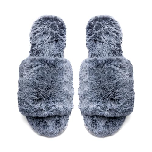 Women's Soft Plush Faux Fur Lightweight House Slippers Fuzzy Memory Foam Spa Slip on Open Toe Cozy House Slippers