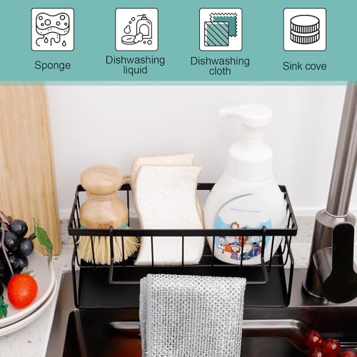 GSrenyu Kitchen Sink Caddy Organizer, Kitchen Organiser, Washing up Organiser with Drip Tray, Sink Organizer with Towel Rack, For Storing Dish Cloths, Sponges, Soap and Brushes (Black) - Image 3