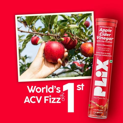 Image of PLIX - THE PLANT FIX Apple Cider Vinegar Effervescent | With Mother ACV | Vitamin B6 & B12 | Pack of 2 (Cola), 30 Tablets | No Added Sugar | Easy to Carry & Consume