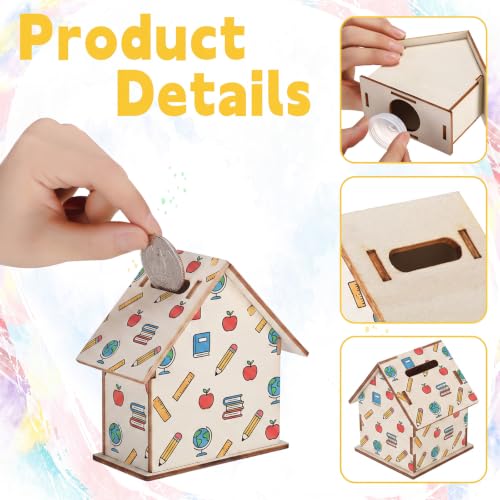 Image of Briwooody 12 Set DIY Unfinished Wooden Houses Bank Unfinished Piggy Bank Set with Coloring Pens Blank Coin Box Crafts for Wood Piggy Banks Craft and Home Activities Fun