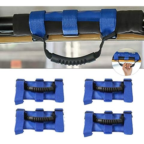 MARLBSTON 4 x Heavy Duty Roll Bar Grab Handles, 3 Straps Grip Handle for Jeep Wrangler Jeep Wrangler Accessories YJ TJ JK JKU JL JLU Sports Sahara Freedom Rubicon X & Unlimited 1987-2020 (Blue) Cover