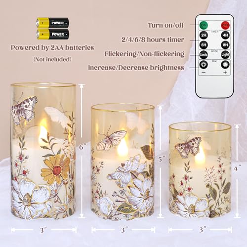 Image of MELTONE Flameless LED Candles Botanical Butterfly Design with Remote Control & Timer Function & Dimmable, Battery Operated Glass Candles for Home Party Wedding Christmas Spring Decor, Set of 3