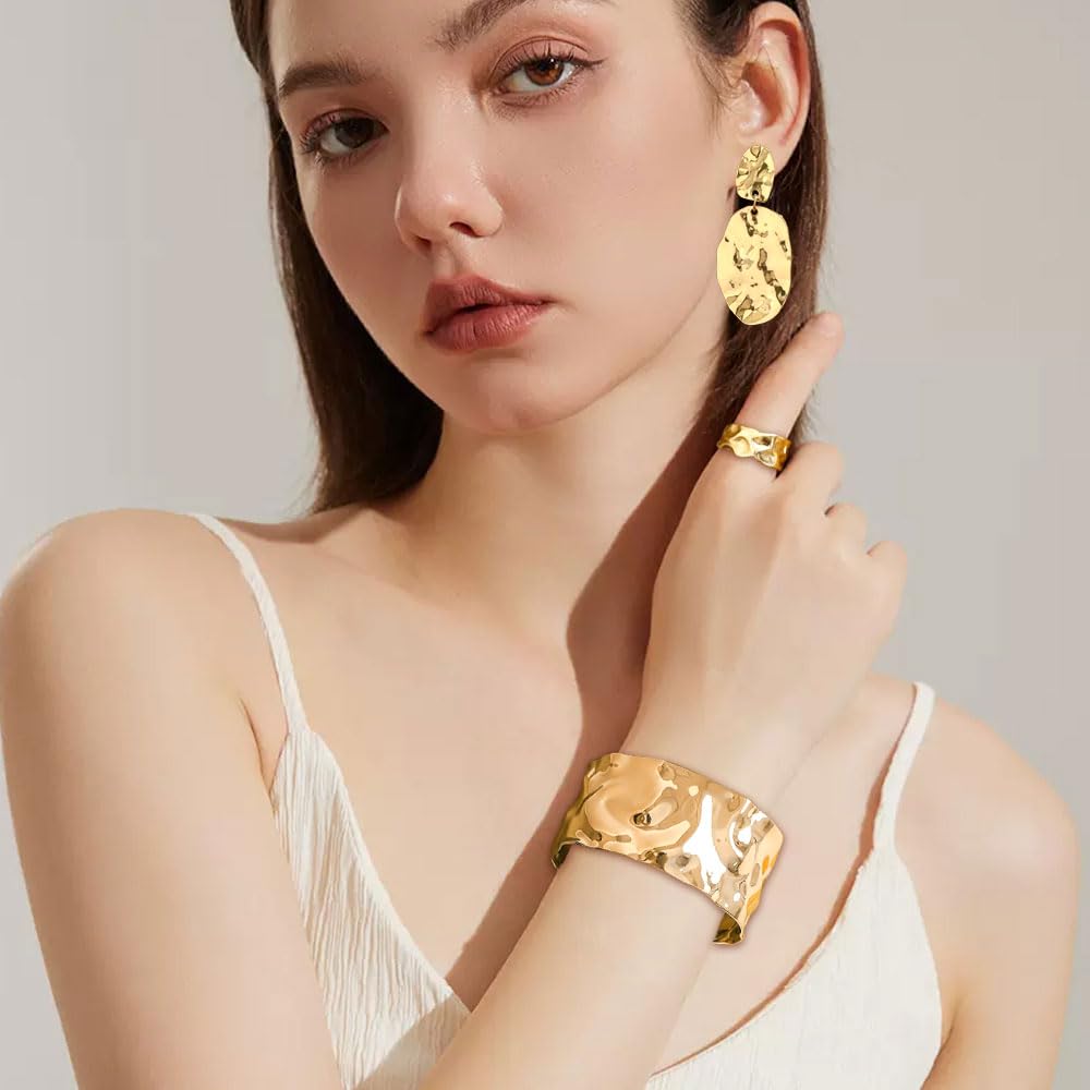 Joyas Mujer 3 Piezas Brazalete Anillo y Pendientes Ovalados Textura Metálica Irregular 18K Chapado para Uso Diario y Eventos (Dorado)