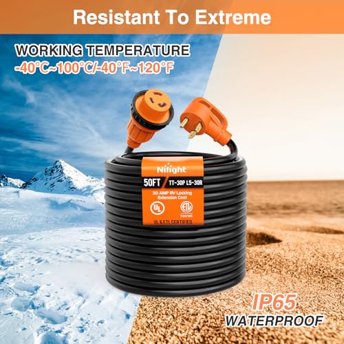 Image of Nilight 30 Amp 50FT RV Locking Extension Cord with Adapter 15Amp to 30Amp 125V Heavy Duty 10 Gauge Pure Copper STW Wire ETL Listed 3 Prong TT-30P L5-30R 30F /30M Weatherproof Suit for Camper Trailer