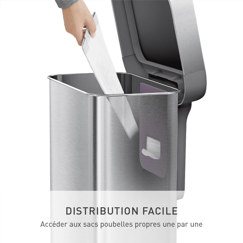 simplehuman poubelle rectangulaire à pédale, avec réserve à sacs, acier inoxydable brossé avec couvercle en plastique gris, 45 litres