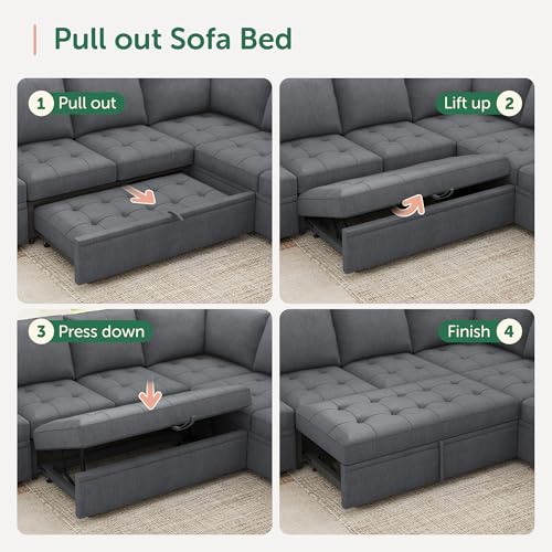 Image of HONBAY Modular Sectional Sleeper Sofa with Pull Out Couch Bed, U Shaped Couch with Storage, Sectional Couches for Living Room, Bluish Grey