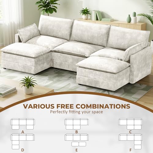 Image of LEVELEVE 112.5 inch U-Shape Modular Sofa with 2 Ottomans, Deep Seat Cloud Convertible Sleeper, 2 Arm Pillows, Comfortable Upholstered Furniture for Living Room Apartment, Beige