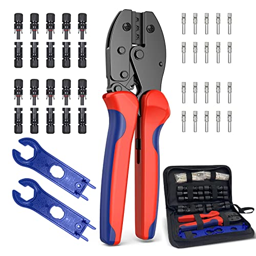 Kit de Pinces à Sertir Solaires PV, Kit d'outils de Sertissage Fiche de Câble Solaire, Set Pinces à Sertir pour Panneau Solaire 2.5/4.0/6.0mm²,10 Paires Connecteurs Mâle Femelle,20 Bornes Raccordement Cover