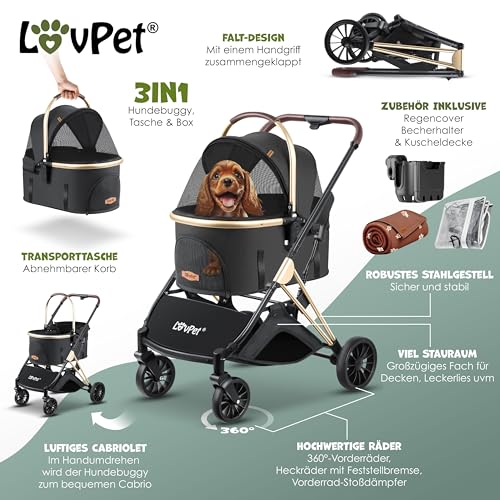 LOVPET® Hundewagen 3in1 Hundebuggy bis 20kg Hundebox Transporttasche faltbar klappbar Große Räder Netzfenstern Regenschutzabdeckung Getränkehalter Kuscheldecke Katzenbuggy Jogger Buggy für Haustiere
