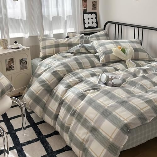 Image of MKXI Vintage Green Plaid Duvet Cover Set with Checkered Design Farmhouse Look Gingham Modern Bedding Twin Size Classic Rustic Bedroom Collection for All Ages