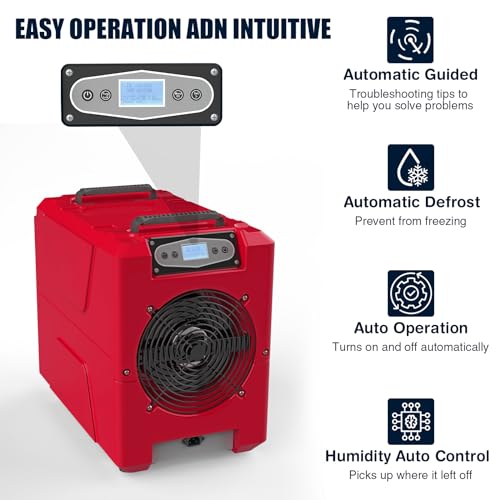 Image of Mounto 150 Pints Compact Commercial Dehumidifier, LGR Technology, Built-in Pump, ETL Certified, Ideal for Large Spaces, Water Damage Restoration, Industrial Use (Red)