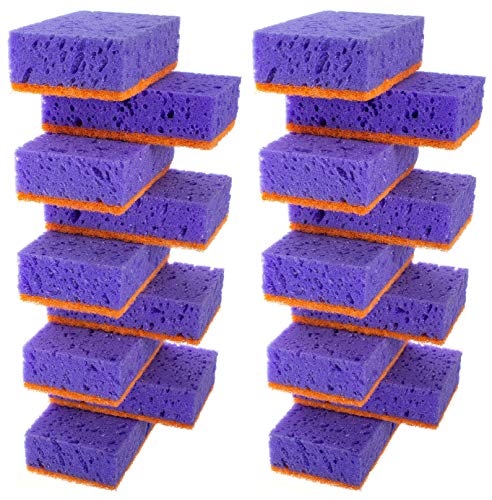 Image of Purple and Orange Multi Use Scrub Sponges. Made in Europe. 18 Pack, 4.3x2.8x1.4 inches. Heavy Duty & Non Scratch Fiber. Odorless, Durable, Delicate, Rinse Clean Violet Scrubber