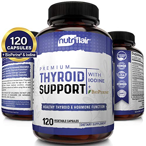 Thyroid Support Complex with Iodine + BioPerine - 120 Vegetarian Capsules Natural Supplement - Energy & Focus Formula, Boosts Brain Function & Metabolism, Concentration, with B12, Ashwagandha