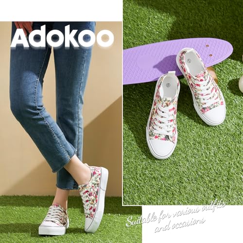 Adokoo Canvas Tennis Shoes For Women Low Top Casual White Flower Sneakers For Women Lace Up Fashion Comfortable Walking Shoes thumb #3