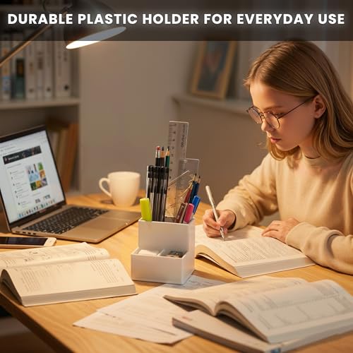 Image of White Pencil Holder for Desk | 3 Compartment Organizer Square Pencil Holder | Sharp and Dull Pencil Holders for Office, Meeting Room, Reception | Office Desk Accessories Organization and Storage