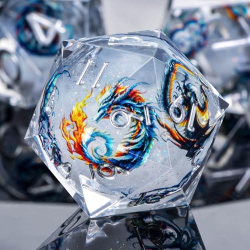 Roycevon Dragon Pattern Liquid Core DND Dice Set, 7Pcs Sharp Edge Dice with Gift Box, White Resin Role Playing Dice D20 D12 D10 D8 D6 D4