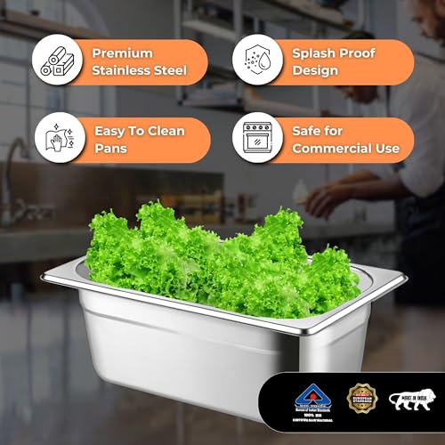 Image of HS Stainless Steel GN Pan Quarter Size 1 /4 100mm Depth 2.5L Capacity Anti-Jam Design 100% BIS Certified Raw Material European Standard Made in India 26.5 x 16.2 x 10 cm Professional Kitchen Grade