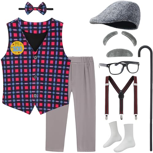 Z-Shop Old Man Costume for Kids 100 Days of School Costume Grandpa Outfit Vest and Pants for Boy A,6