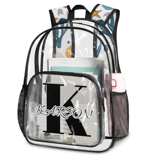 Personalized Small Clear Backpack Stadium Approved Heavy Duty PVC Plastic Custom Starfish and Seashells Transparent Backpacks See Through Bag with Name, Beach Coastal Nautical
