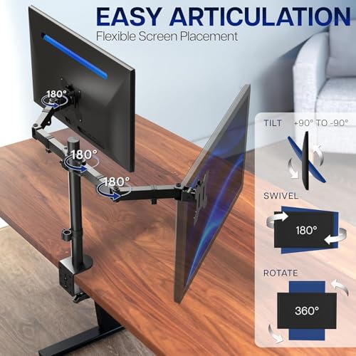 Image of Dual Monitor Arm Desk Mount, Adjustable Screen Monitor Stand with C-Clamp & Grommet Base, Full Motion Height Adjustable Holder with Cable Management for Office Desk, Black