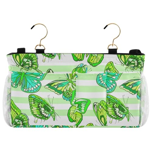 Burbuja Butterflies on Green Bedside Caddy Hanging Storage Organizer with 2 Straps and Hooks for Home College Dorm Bunk Bed Hospital Bed Crib
