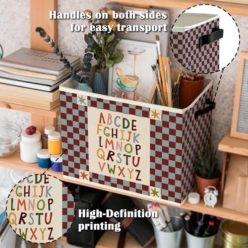 Image of Alphabet Classroom Storage Bins Box with Handles, Red Blue Checkered Alphabet Educational Collapsible Basket Organizer for Classroom Toddler Kids Room Bedroom Bathroom Books Clothes
