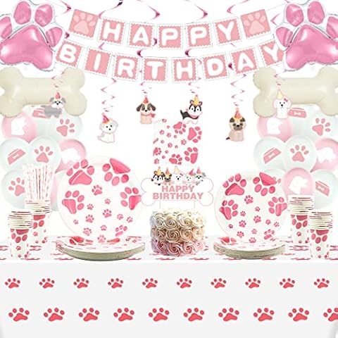 Pink Dog Birthday Party Supplies, Dog Paw Prints Decorations Including Happy Birthday Banner, Balloons, Plates, Tablecloth, Cups, Napkins for Girl Puppy Theme Birthday Party Serves 20 Guests Cover