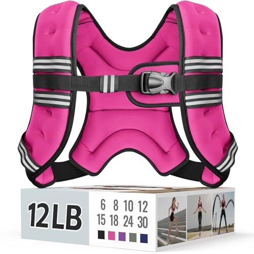 Zeerun Weighted Vest 6lb/8lb/10lb/12lb/15lb/18lb/20lb/24lb/30lb for Men Women Reflective Stripe Adjustable Buckle Comfortable Durable Rucking Vest for Walking Running Strength Training 12LBS-Pink
