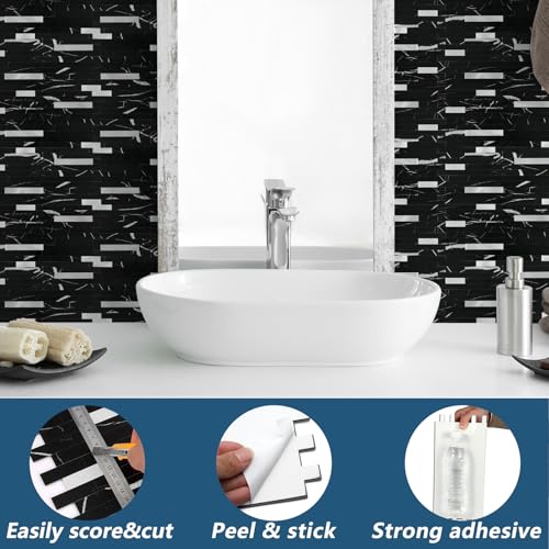 Yipscazo 20 Sheets Peel and Stick Stone Metal Backsplash Tiles, PVC Wall Tiles Stick on Backsplash for Kitchen, Bathroom (6'' X 12'', Black Rock) by Yipscazo - Used condition - Image 6