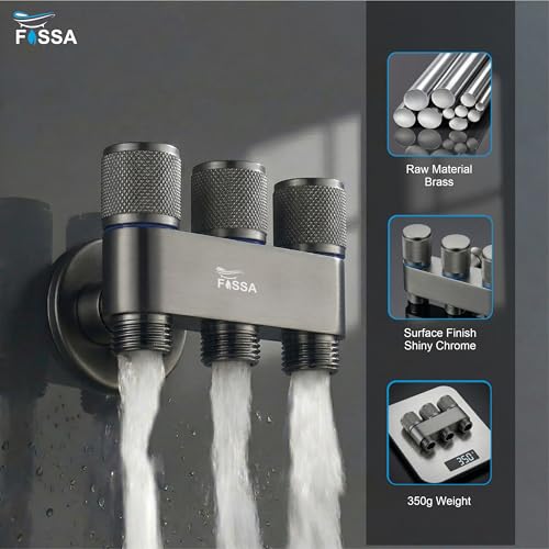 Image of Fossa 1-Year Warrant Galaxy 3 - Way Stainless Steel Laundry Washing Machine Faucet | Outdoor Water Spigot with Handle | Multi-Use Hose Connector Tap | Angle Valve Grey Matte Finish (with Nozzle)