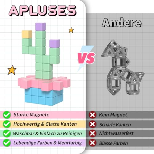 Apluses Magnetische Bausteine – Kinderspielzeug, magnetisches Bauspielzeug, Puzzlebaustein, Magnetisches Konstruktionsspielzeug für Kinder, geeignet für Jungen und Mädchen ab 3 Jahren