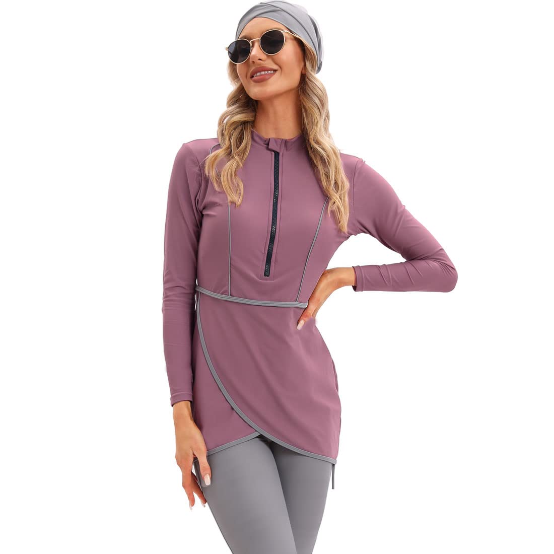 2024 Women Modest Muslim Swimwear Patchwork Hijab Sport Long Sleeves Swimsuit 3pcs Islamic Burkinis Wear Bathing Suit-image-43