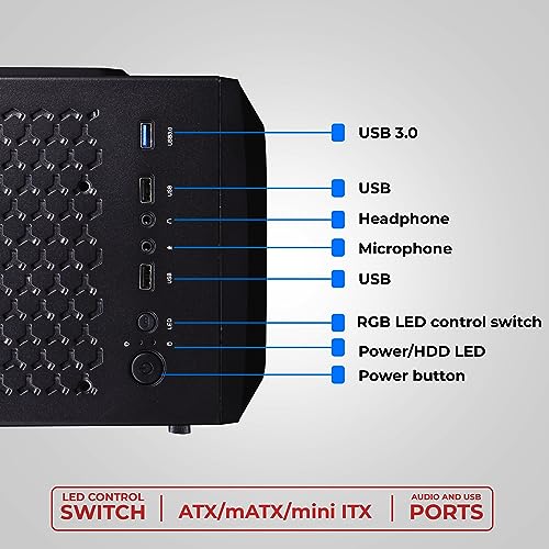 Image of ZEBRONICS AGOJIE Mid-Tower Premium Gaming Cabinet, ATX /M-ATX /M-ITX, 1 x 120 mm RGB Inner Glow Rear Fan, LED Strip with Control Switch, Tempered Glass Side Panel, USB 3.0, USB 2.0 (Black)