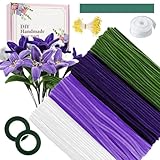 E·Durable Pfeifenputzer zum Basteln, 400 Stück 4 Farben Pipe Cleaner Flower Set mit 20 Stück Grünem Bastelfaden mit Geschenkband, Klebebandrollen, Anleitungen, Packpapier, Staubgefäße (Lila)