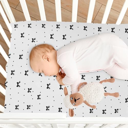 Image of Fitted Crib Sheets Black Bow Dot White Stretchy Portable Playard Sheets for Baby Toddler, Breathable Soft Mini Crib Mattress 39 x 27 in for Boys and Girls