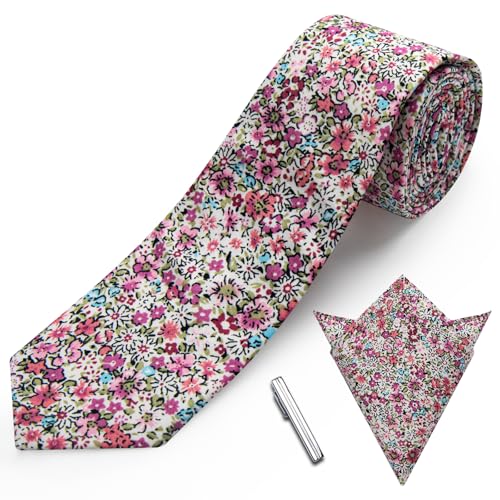 Image of YourTies Cotton Floral Tie for Men 2.5 inch Printed Skinny Necktie Pocket Square Tie Clip Set Flower Wedding Party Groom