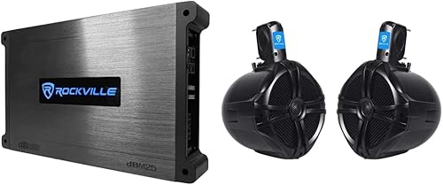 Rockville DBM25 Amplificador de 1400 vatios y 2 canales para marinobarco con cubiertas de silicona y par de altavoces de torre de wakeboard marino