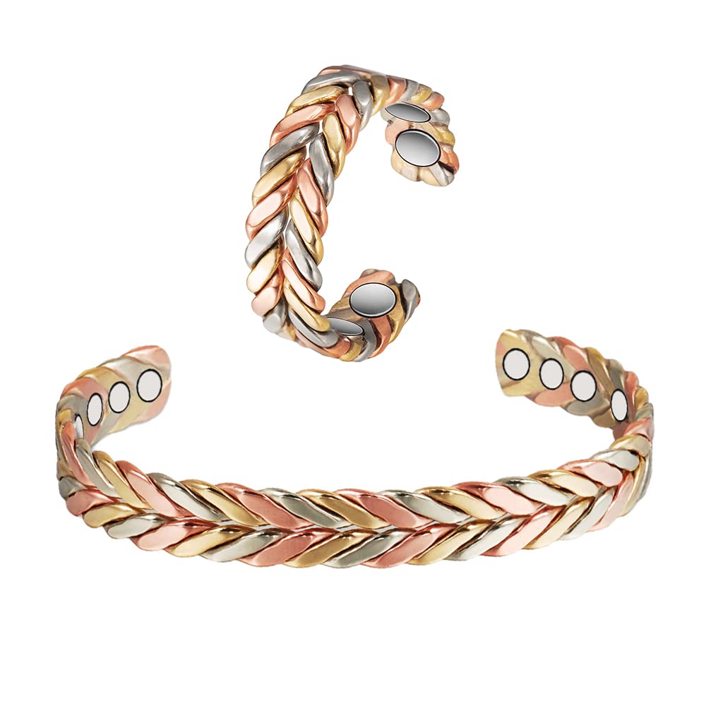 Bracelet magnétique en cuivre tissé – Soulagement de la douleur de l'arthrite et drainage lymphatique magnétique – Bijoux tricolores réglables en cuivre – Cadeau tendance pour femme