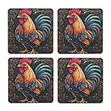 Juego de 4 posavasos cuadrados de corcho MDF con diseño de gallo, respaldo de corcho antideslizante para bebidas frías y calientes