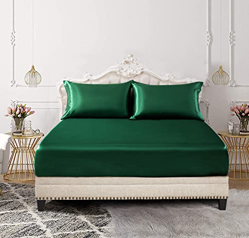 Image of SiinvdaBZX 3-Piece Set Satin Full Fitted Sheet & 2 Pillowcase, Emerald Green Silky Soft Fitted Bottom Sheet, Wrinkle Free, Fade Resistant, Deep Pocket Bed Sheet (Deep Up to 15 inch)
